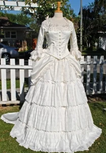 Vintage Victorian Wedding Dresses Ivory Lace Tiered A-Line Gothic Bridal Gowns - Picture 1 of 9