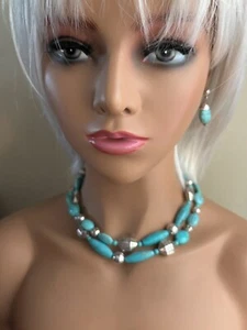 Brighton Turquoise & Silver Plated Beads Long Necklace  Set Etched Design 17" - Picture 1 of 4
