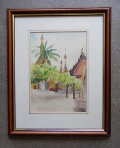 Myanmar Temples c1930 Original Watercolour ME Mills Burma - Picture 1 of 4