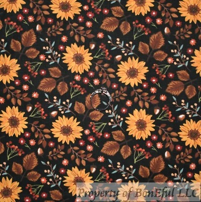BonEful Fabric FQ Cotton Quilt Black Red Berry Yellow Sunflower Gold Fall Leaf L - Image 1 of 4