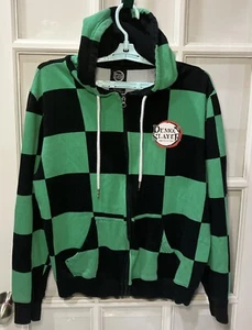 Demon Slayer Checkered Hoodie Full Zip Jacket Men’s Medium Pockets Green Black - Picture 1 of 9