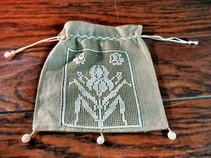 Vintage Handmade Drawstring Purse Bag Beige Linen White Lace Insert Iris Tassels - Picture 1 of 2