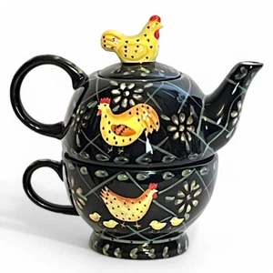 Mesa Tè Gallo di Pollo Artigianale per Un Set Teiera Nero Giallo Ceramica 7" - Foto 1 di 11
