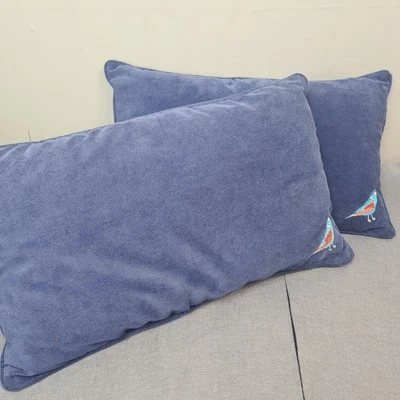 Corduroy Blue Pillow Cushions with Embroidered Bird Wool Rectangle 48x28cm - Image 1 of 4