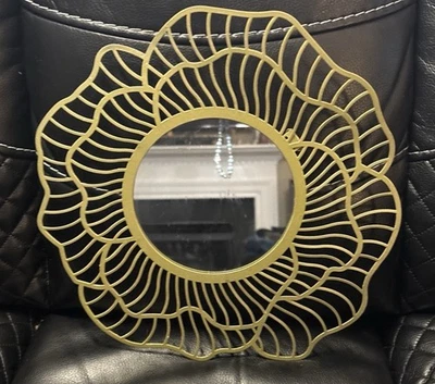 Stunning Gold Finish Flower Mirror Floral Wall Decor 11” Beautiful Round Mirror - Image 1 of 4