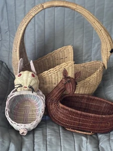 Vintage MCM Large Wicker Rattan Swan Natural basket 18” X 16” Deer & Bunny Lot - Picture 1 of 22