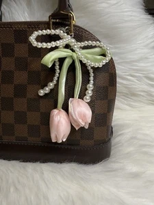 Bowknot Heart tulip Flower Keychain Bag Charm Faux Pearl Bow Key Rings Pink New - Picture 1 of 3