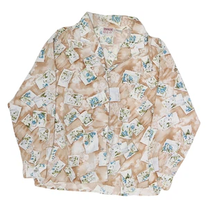 H.E.R Womens Beige & Blue Floral Silk Shirt M Elegant Patterned Long Sleeve - Picture 1 of 6