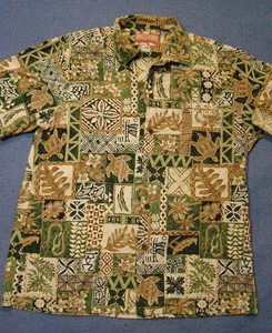 Camisa RJC Hawaiana Aloha Mr Kidd TCHS Tortugas Hojas de Pez Marrón Verde Cuadrados L - Imagen 1 de 9