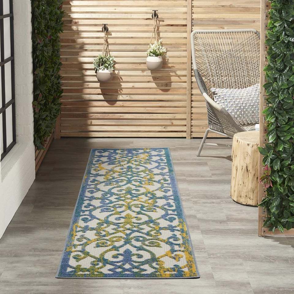 Nourison Aloha Indoor/Outdoor Ivory Blue 2' x 6' Area Rug, Transitional, Fren... - Image 1 of 4