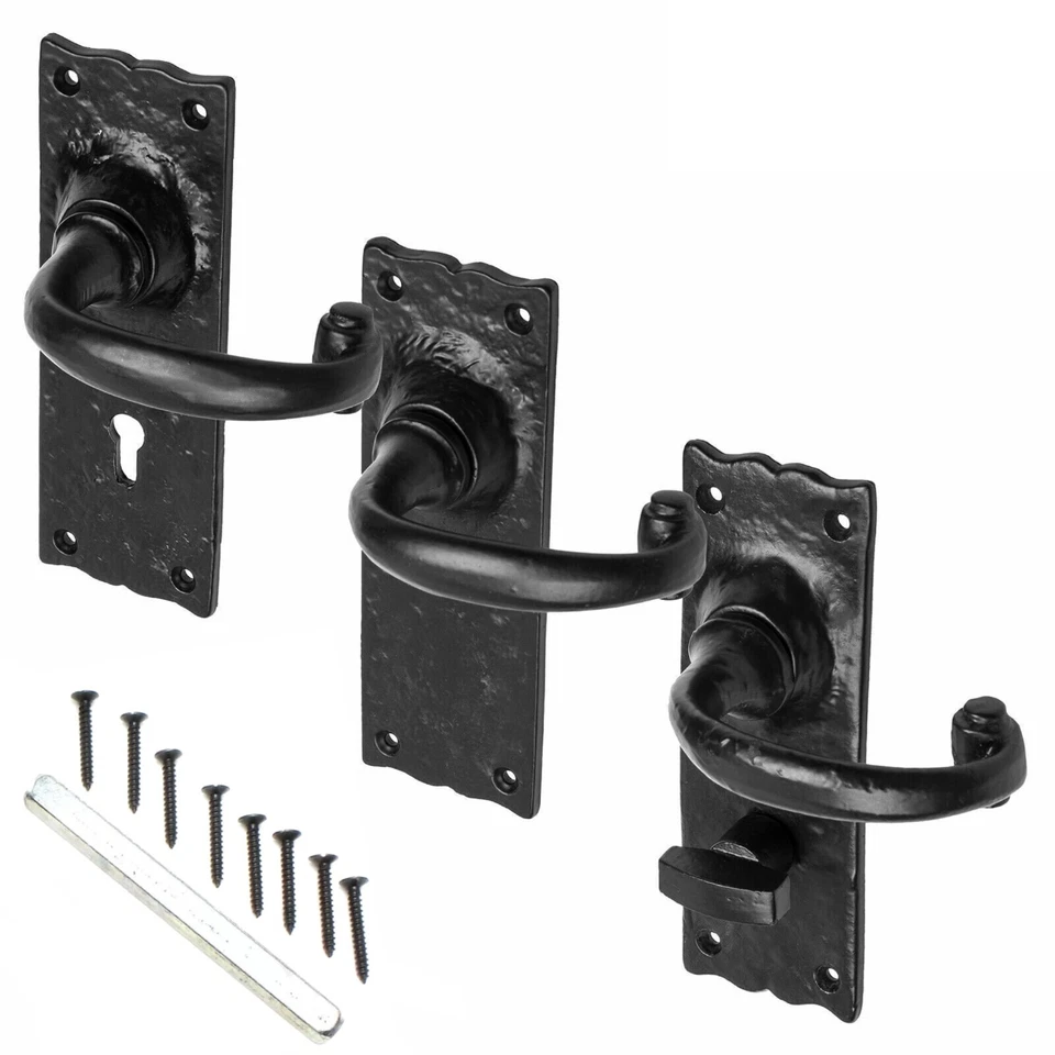 Black Iron Door Handles, Black Tudor / Antique Bathroom, Latch & Key Lock Sets. - Image 1 of 1