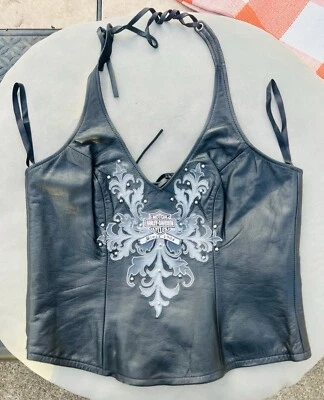 Vintage Harley Davidson Women’s Leather Studded Floral Crop Top/Halter/XL - Imagem 1 de 4