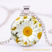 Daisy Necklace Silver Glass Dome Cabochon Art Print Flower Necklace