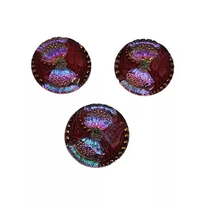 Vintage Czech Glass Floral Lotus Peaony Gold Tone Irridescent Peacock Red Round - Image 1 of 4