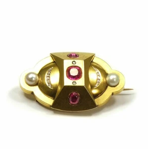 Russische Rubin Brosche mit Naturperlen 56/585 Gold Köchli St. Petersburg 1870 - Bild 1 von 7