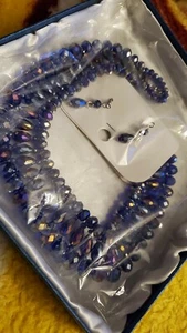 VIOLET GLASS DROP EARRINGS & BIB NECKLACE 18-20 Nwt Boxed - Picture 1 of 3