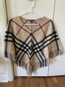 Burberry London Plaid Poncho 100% Lamb Wool Fringe Trim Check Print - Picture 1 of 3