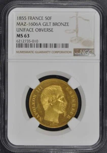 1855 France 50F MAZ 1606A Gilt Bronze & 1855A NGC MS63 Pair - Picture 1 of 6