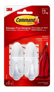 Command Medium Designer Hooks, White, 2 Hooks, Organize Wall Hanging 1 Pack - Picture 1 of 9