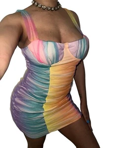 Fashion Nova Womens Sz L Rainbow Mesh Party Ombre Mini Bodycon Zip Dress Sexy - Picture 1 of 7