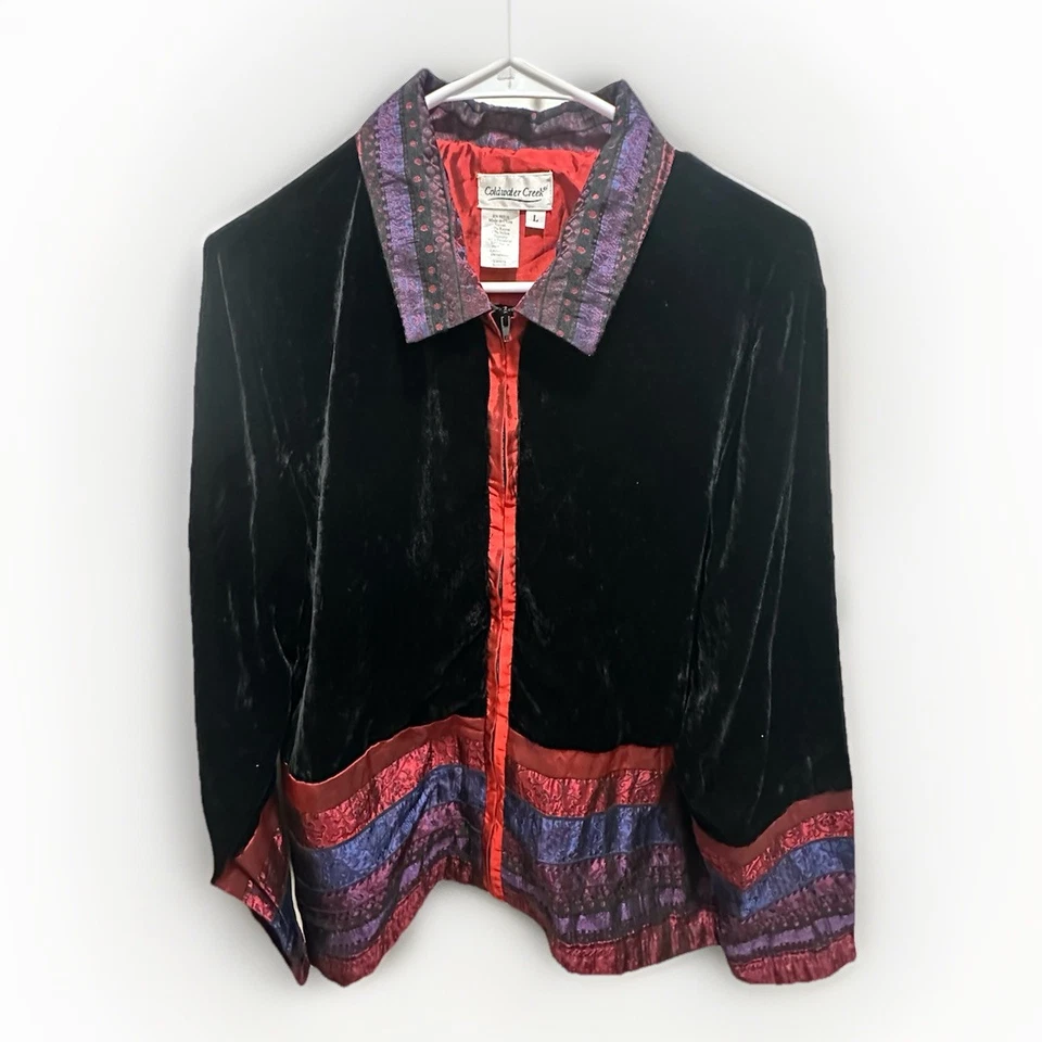 Chaqueta tapiz de terciopelo Coldwater Creek vintage negra roja púrpura para mujer L Foto 1 de 4
