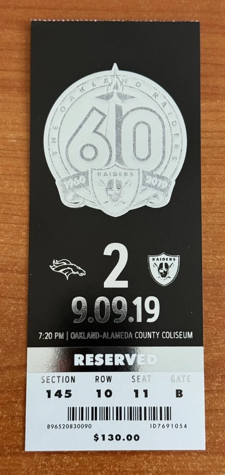 MAX CROSBY / JOSH JACOBS NFL DEBUT - 2019 BRONCOS @ OAKLAND RAIDERS FULL TICKET - Image 1 of 1