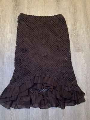 VTG 90s / y2k Bandolino Brown Crochet Knit Midi Skirt Boho Festival Size Large - Image 1 of 4