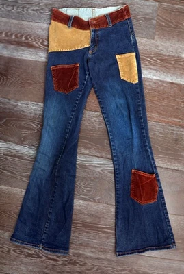 70's Hip Hugger Jeans Low Rise Hippie Bell bottom Flares Vintage Patchwork Pants - Image 1 of 4
