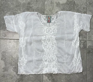 Johnny Was Sheer Cupro White Embroidered Eyelet Short Sleeve Blouse Boho Top L - Picture 1 of 14