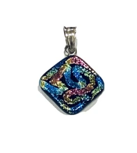 Dichroic Glass Pendant Black Pink Blue Green With Sterling Bail. Glass 1” X 1” - Picture 1 of 4