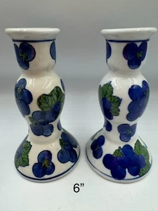 Hermitage Pottery Candle Holders Blue White Green Grapes Vine Painted Design - Picture 1 of 5