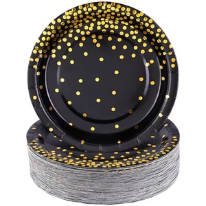 100 Pieces 7 Inches Black and Gold Paper Plates Gold Foil Dot Dessert Plates ... - Picture 1 of 7