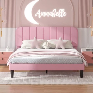 Twin/Full/Queen Bed Frame Velvet Upholstered Platform with Headboard Wooden Slat - Picture 1 of 119