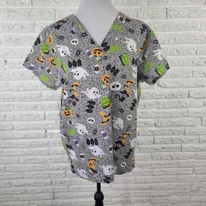 Halloween Cassandra O Unisex Scrub Top XL Gray Lightweight Frankenstein Ghost - Picture 1 of 9