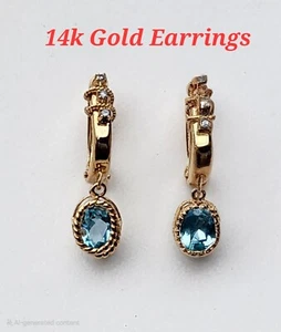 14k Yellow Gold Blue Topaz & Diamond Hoop Earrings - Picture 1 of 5