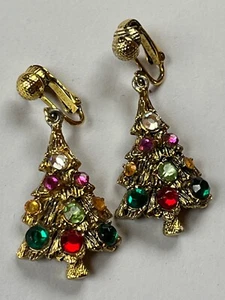 Vintage Colorful Rhinestone Goldtone Christmas Tree Dangle Clip Earrings - 1 and - Picture 1 of 8
