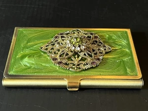 Business/ID Credit Card Holder Genuine Crystals Bronze Green Jeweled Empire - Picture 1 of 6