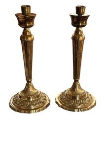 Pair Of RIH India Solid Brass Heavy Ornate Taper Candlestick Holders 11 In - Picture 1 of 9