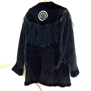Giacca nera SCULLY L135 vera pelle frange perline toggle donna taglia large - Foto 1 di 12