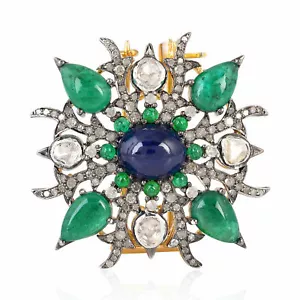 925 Sterling Silver_Pave Diamond&Sapphire Brooch_Emerald Starburst Brooch - Picture 1 of 3