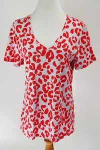 Camiseta Top ANN TAYLOR Talla Grande L Cuello en V Azul Pálido Rojo Estampado Animal - Imagen 1 de 4