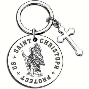 SAINT CHRISTOPHER PROTECT US - TRAVELLERS PATRON SAINT KEYRING WITH A CROSS T81 - Picture 1 of 1