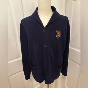 VTG 90s POLO RALPH LAUREN Shawl Collar Crest Sweatshirt Cardigan Navy Men XL - Picture 1 of 11