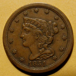 1851 BRAIDED HAIR HALF CENT, AU ~ SUPER NICE ORIGINAL EXAMPLE, 147,672 MINTED! - Picture 1 of 6