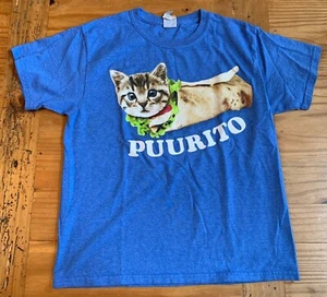 Boy’s Size M Blue PUURITO Pun Cat as a Burrito Graphic T-Shirt EUC  - Picture 1 of 4