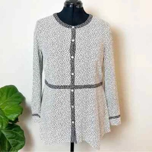 J.JILL Damen Gr. L schwarz weiß Blumen ditsy kragenlos Knopfleiste L/S Tunika Top - Bild 1 von 11