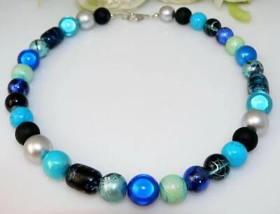 Halskette Perlen Glas Miracle mehrfarbig blau Aqua Türkis schwarz  Glitzer 421. - Bild 1 von 4