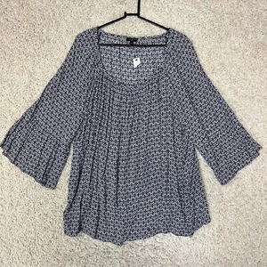 Talbots Blouse Womens Plus 3X Blue Geometric Print Bell Ruffle Sleeve Career New - Picture 1 of 10