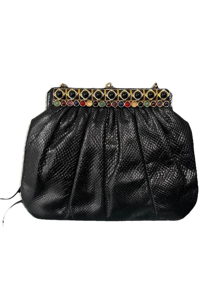 Bolsa de mão Judith Leiber vintage preta couro de cobra pedras preciosas noite - Imagem 1 de 4