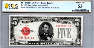 $5 1928-B Legal Tender "RED SEAL" PCGS 53 ABOUT UNC Fr. 1527 - Picture 1 of 3